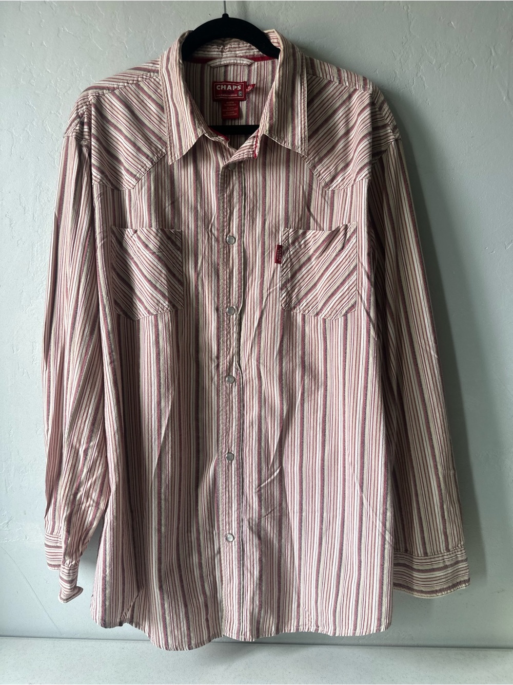 CHAPS Red Tan Stripe Pearl Snap Shirt-Men's Size XLCotton